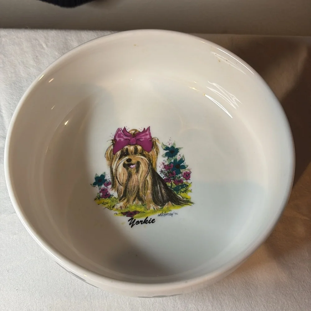 Porcelain Dog Dish With Footprints Around and Darling little Yorkie inside